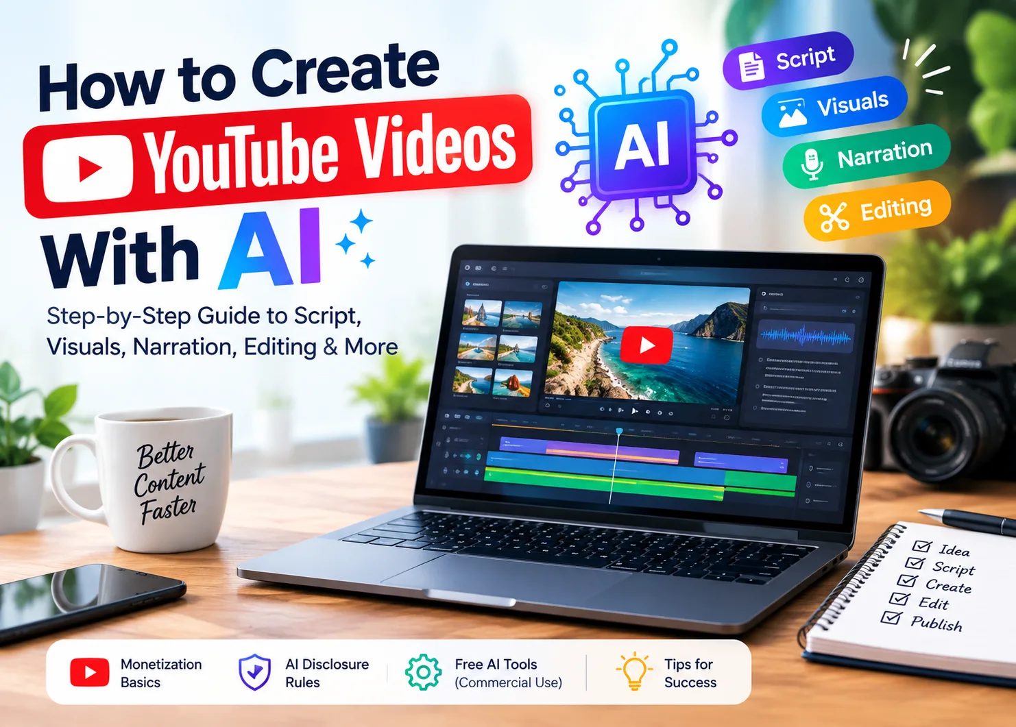 Colorful YouTube AI video creation banner featuring a laptop with video editing software, AI technology graphics, script and visual workflow icons, camera equipment, and creative tools, highlighting step-by-step video creation, narration, editing, monetization, and disclosure guidance.